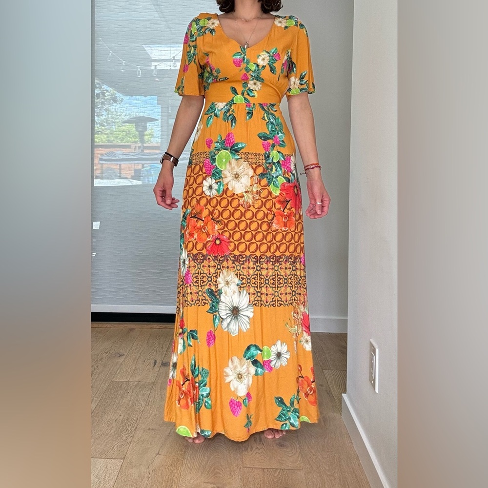 Bohemian floral maxi dress.